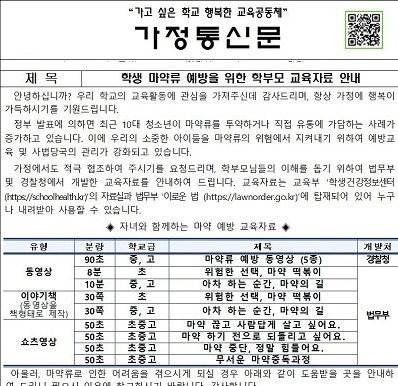 자녀 학교에서 온 가정통신문.