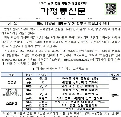 자녀 학교에서 온 가정통신문.