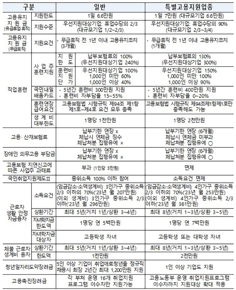 특별고용지원업종 지원내용 (자세한 내용은 본문에 설명 있음)