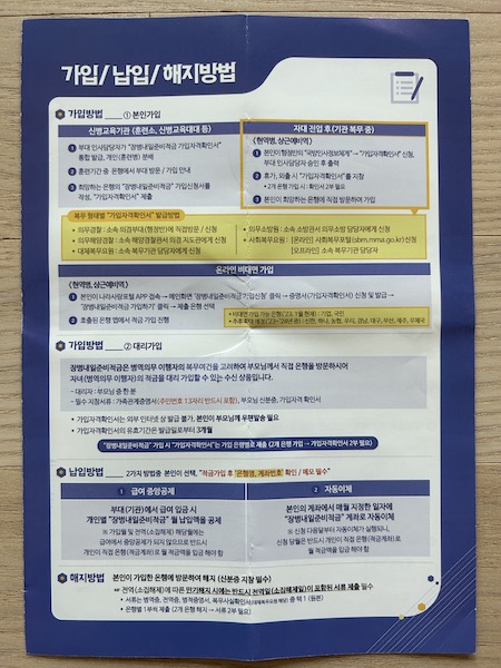 장병내일준비적금 홍보물의 뒤 페이지. 가입, 납입, 해지에 대한 방법이 자세히 설명되어 있다.