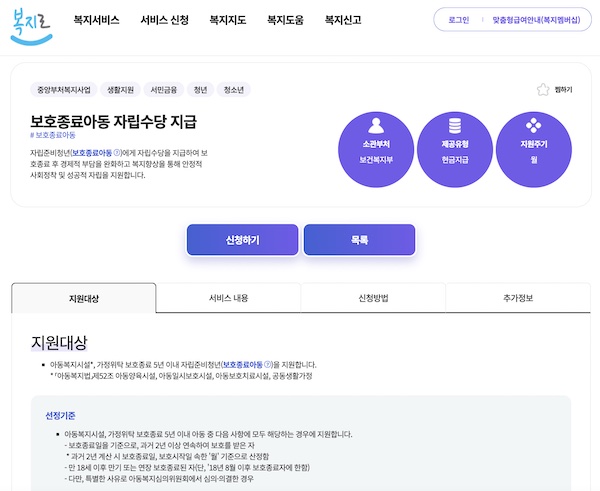 복지로 홈페이지의 자립수당 지급 관련 설명 페이지. 지원 대상 및 신청 방법 등을 확인할 수 있다.