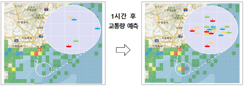 예측 모델 시각화 개념도(예시 : 최소 2.5km 격자단위 구역내 교통량 예측값을 토대로 혼잡도 변화를 색상으로 표시, 그림의 작은 원 부분) (자세한 내용은 본문에 설명 있음)