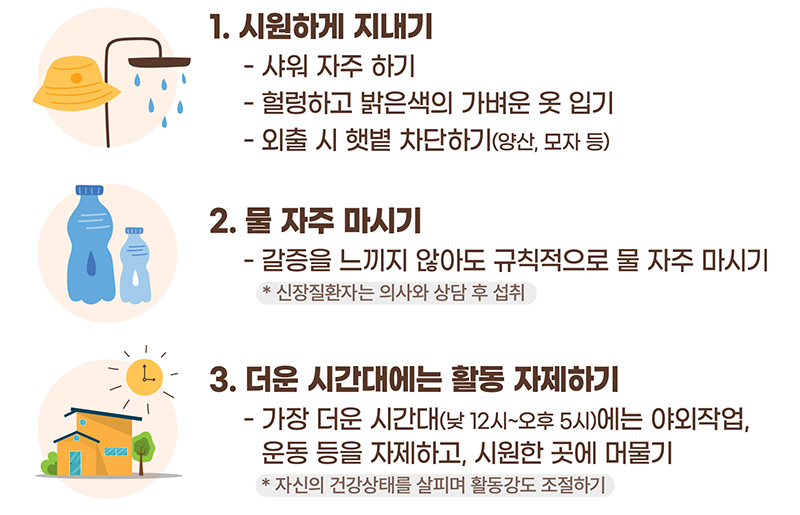 폭염대비 건강수칙 3가지 (자세한 내용은 본문에 설명 있음)