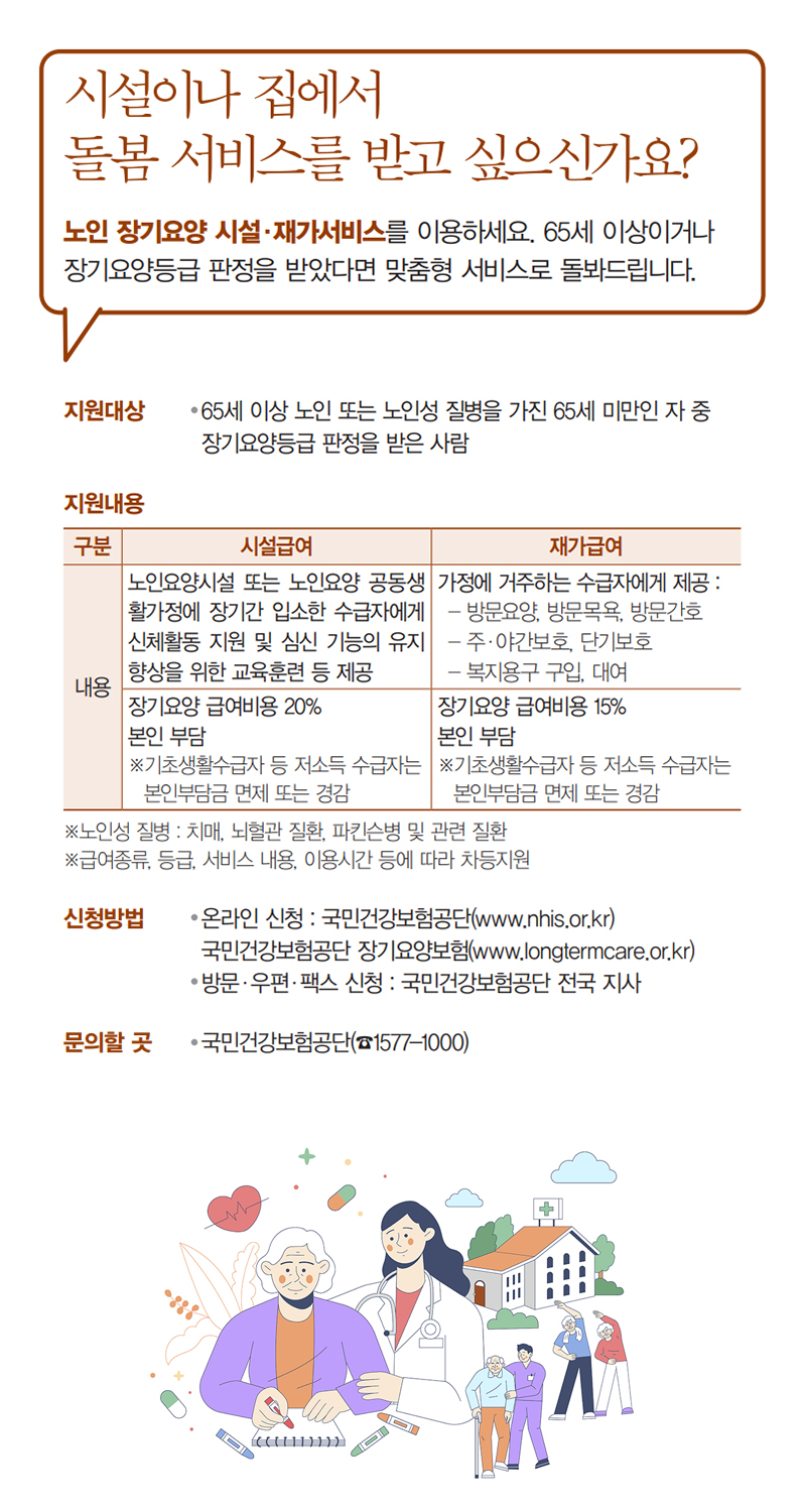 시설이나 집에서 돌봄 서비스를 받고 싶으신가요? 하단내용 참조