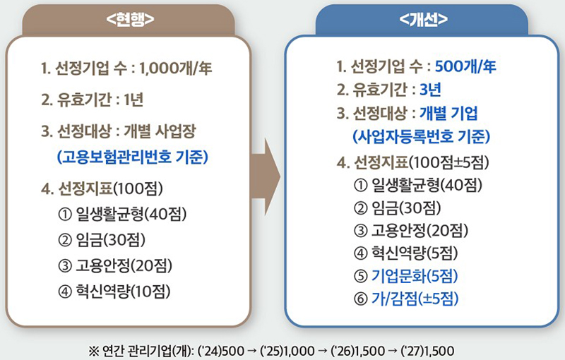 청년친화강소기업 선정규모 등 주요 개편사항 (자세한 내용은 본문에 설명 있음)