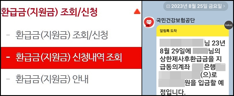 국민건강보험공단 누리집에서 환급금을 조회해볼 수 있다.(왼쪽), 엄마에게 온 문자(오른쪽). <출처=국민건강보험공단>