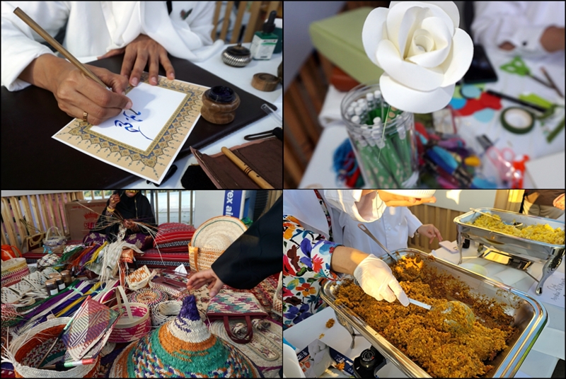 UAE의 부스에서 진행한 문화체험. 글씨, 장미연필, 음식 등이 있었다.
