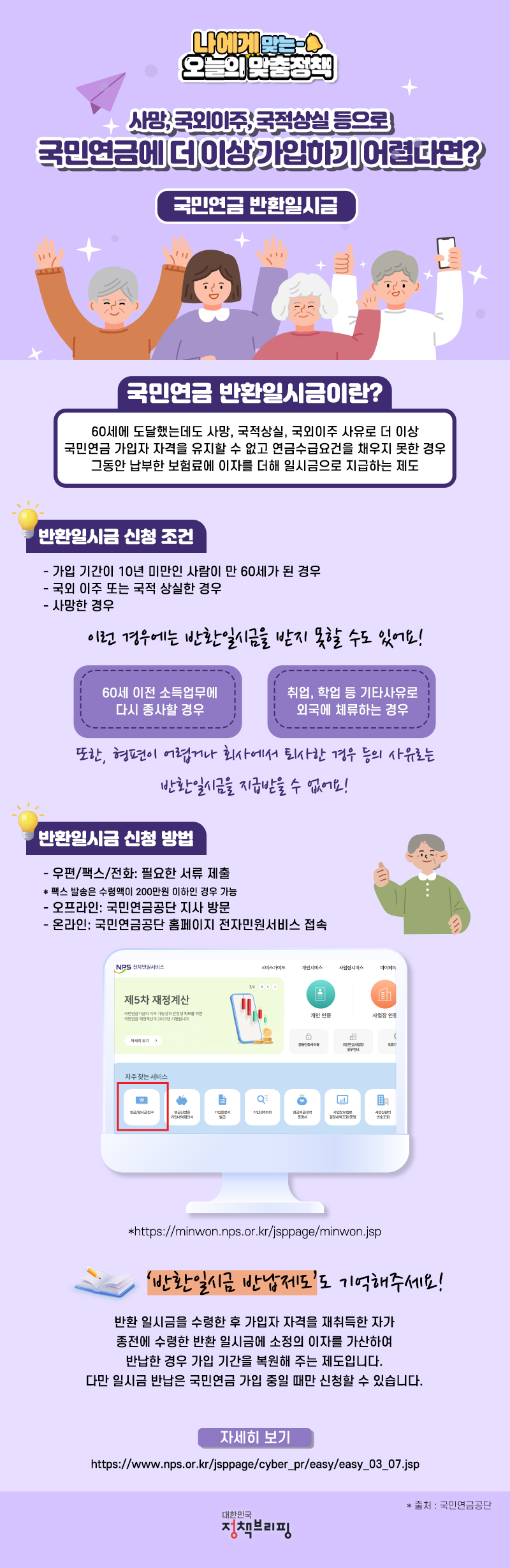 [오늘의 맞춤정책] 국민연금 반환일시금 하단내용 참조