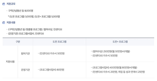 고용노동부 홈페이지에서 설명하고 있는 청년도전지원사업에 관한 안내들 (출처=고용노동부 홈페이지)