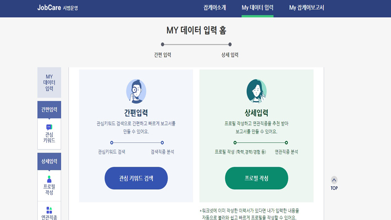잡케어는 My 데이터 입력을 통해 간편입력과 상세입력으로 맞춤형 보고서가 생성된다는 점이 특징이다. (사진=잡케어 누리집)