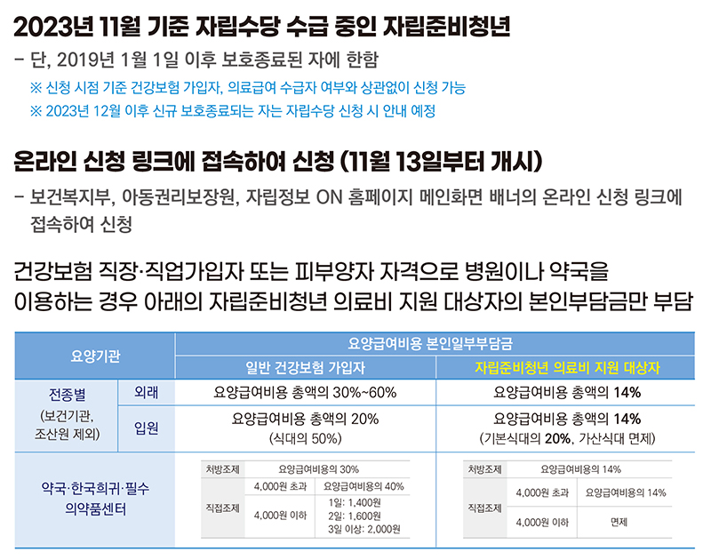 자립준비청년 의료비 지원 사업 주요내용 (자세한 내용은 본문에 설명 있음)