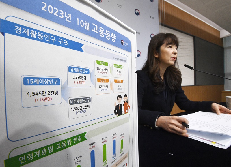 서운주 통계청 사회통계국장이 15일 오전 세종시 정부세종청사 중앙동에서 2023년 10월 고용동향을 발표하고 있다.(ⓒ뉴스1, 무단 전재-재배포 금지)