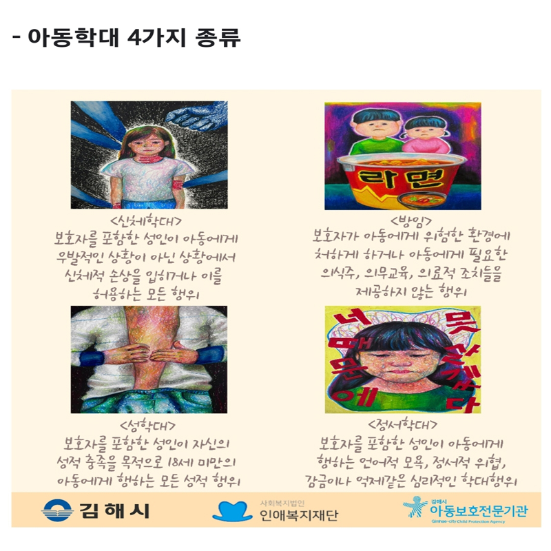 경남김해시가 마련한 아동학대 예방 캠페인을 통해 아동학대 4가지 종류를 세심하게 살펴봤다. (사진=김해시아동보호전문기관 온라인서명캠페인)