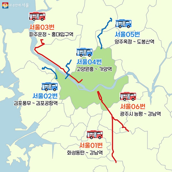 서울동행버스의 6개 노선, 11월 6일 4개의 노선이 추가되었다.