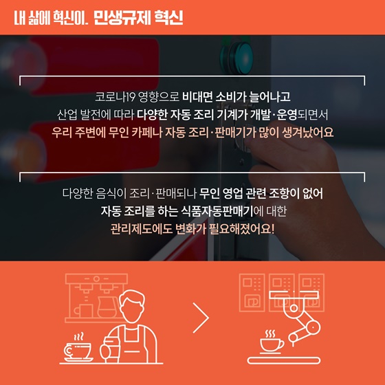 [민생규제 혁신] 커피, 음료뿐만 아니라 무인 조리 식품도 자판기로 판매 가능해요!