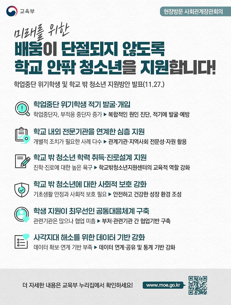 학업중단 위기학생 및 학교 밖 청소년 지원방안 발표 하단내용 참조
