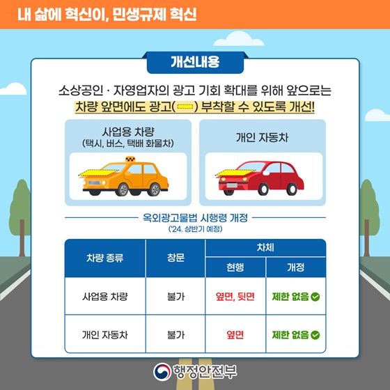 [민생규제 혁신] 차량 앞면에도 광고 부착이 가능해집니다!
