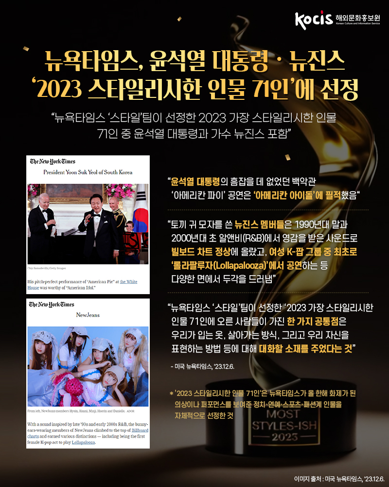 뉴욕타임스, 윤석열 대통령·뉴진스 ‘2023 스타일리시한 인물 71인’에 선정 하단내용 참조