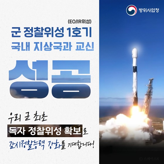 우리 군 최초 정찰위성 1호기 발사 성공! 국내 지상국과 교신 성공!