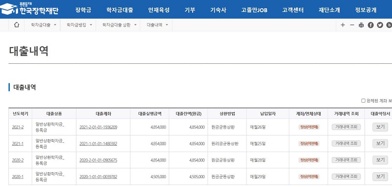 학기별 학자금 대출 현황