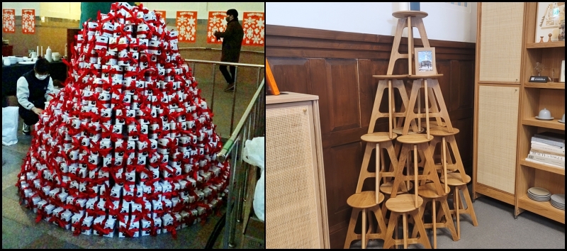 '비밀의 성탄역'에서 선물상자와 의자로 쌓아 놓은 크리스마스트리 모양이 떠올랐다.
