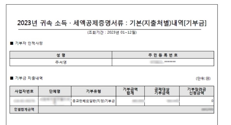 간소화 자료 PDF 화면 중 기부금 항목.