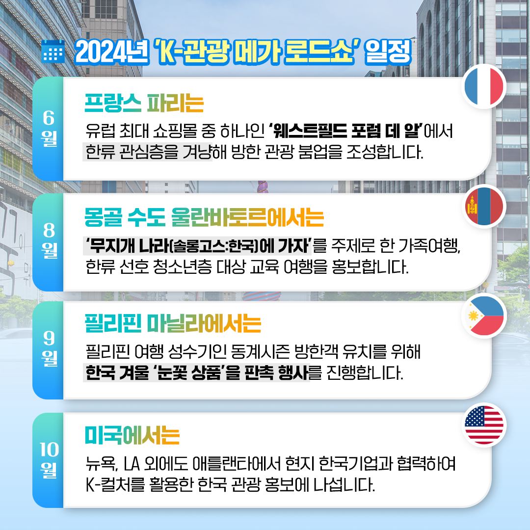 ‘K-관광 메가 로드쇼’가 해외 주요 도시에 개최됩니다!