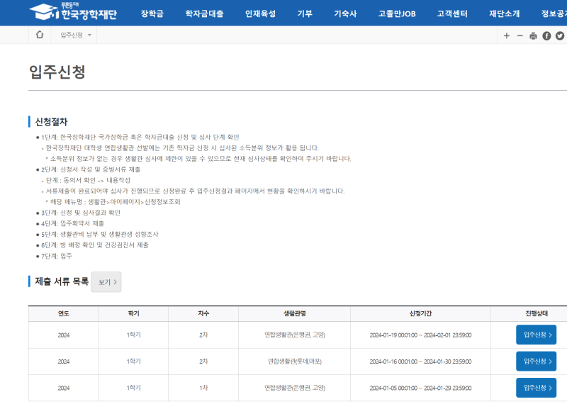 입주 신청 절차.(출처=한국장학재단 누리집)