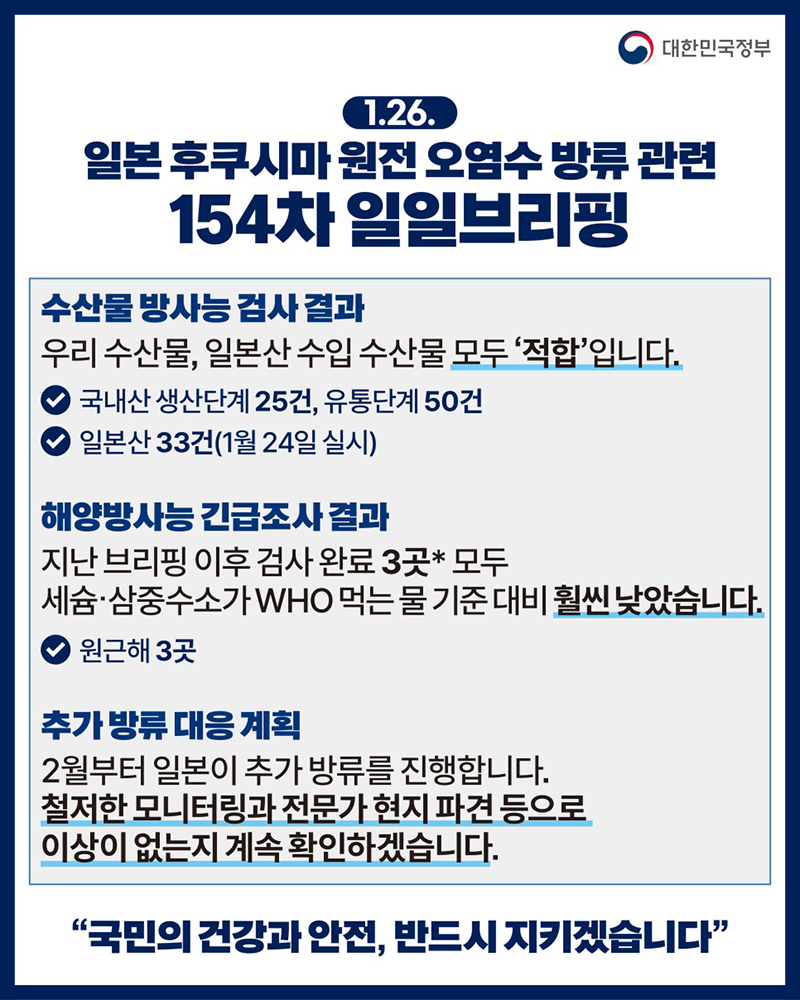 후쿠시마 원전 오염수 방류 관련 일일 브리핑(1.26.) 하단내용 참조