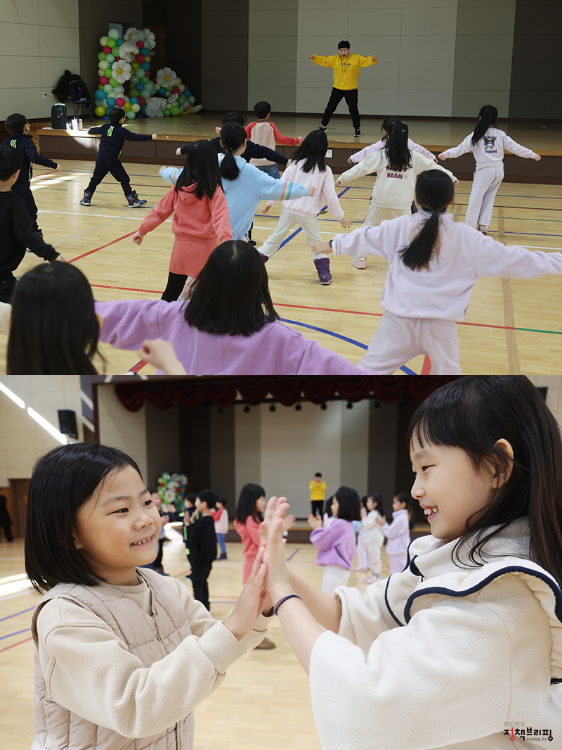 송린초등학교 1학년 학생들이 오후돌봄으로 체육 프로그램에 참여하고 있다.