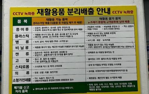 아파트 분리수거장의 재활용품 분리배출 안내판.