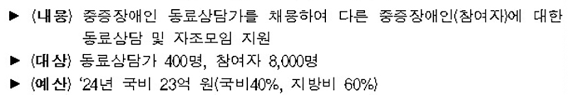 ‘중증장애인 동료상담’ 사업개요 (자세한 내용은 본문에 설명있음)