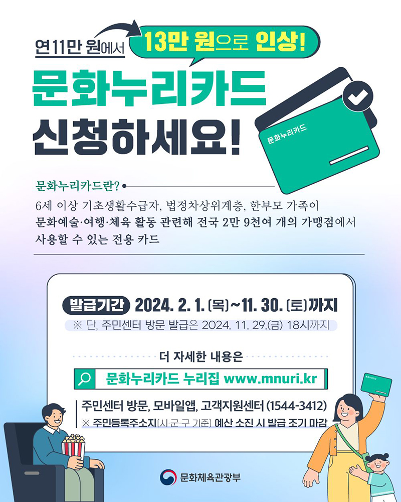 2024 문화누리카드 지원금이 13만 원으로 인상됩니다 하단내용 참조