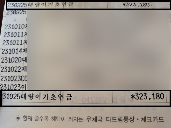 2023년 어머니에 찍힌 기초연금액.