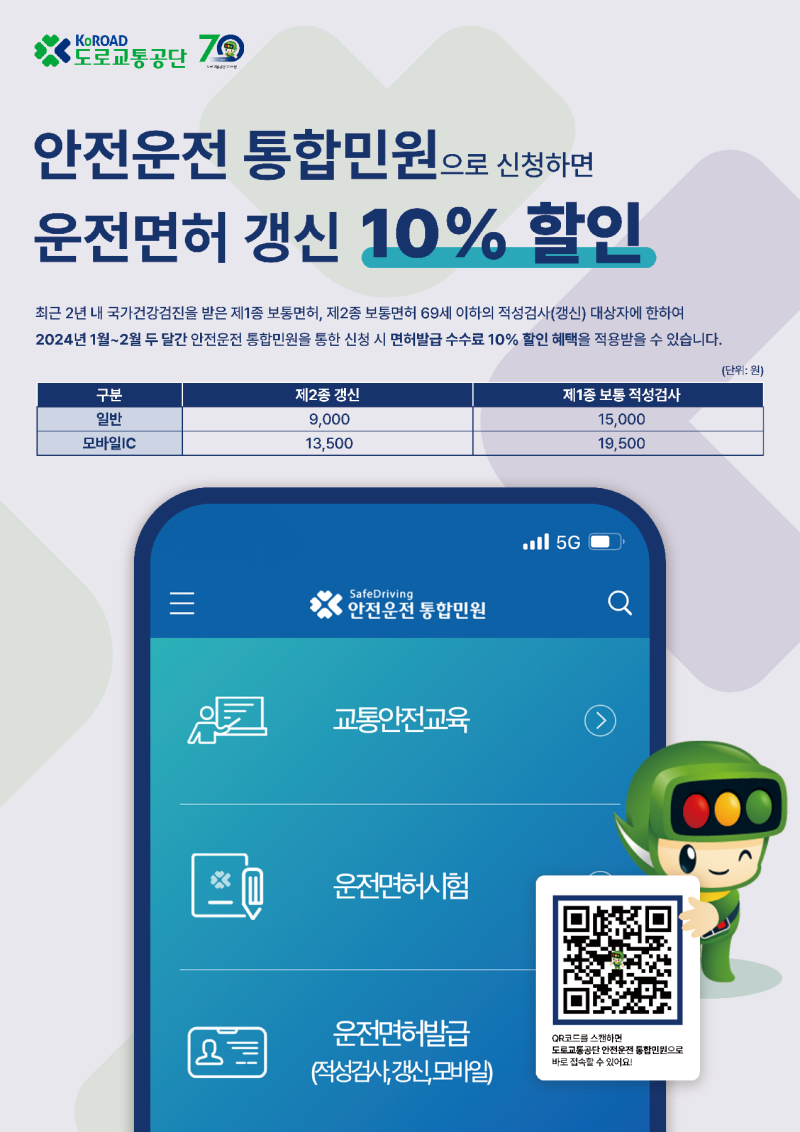 도로교통공단 안전운전 통합민원 2024 운전면허 적성검사 및 갱신안내 QR 접속 포스터(출처: 도로교통공단)