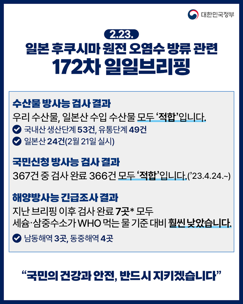 후쿠시마 원전 오염수 방류 관련 일일 브리핑(2.23.) 하단내용 참조
