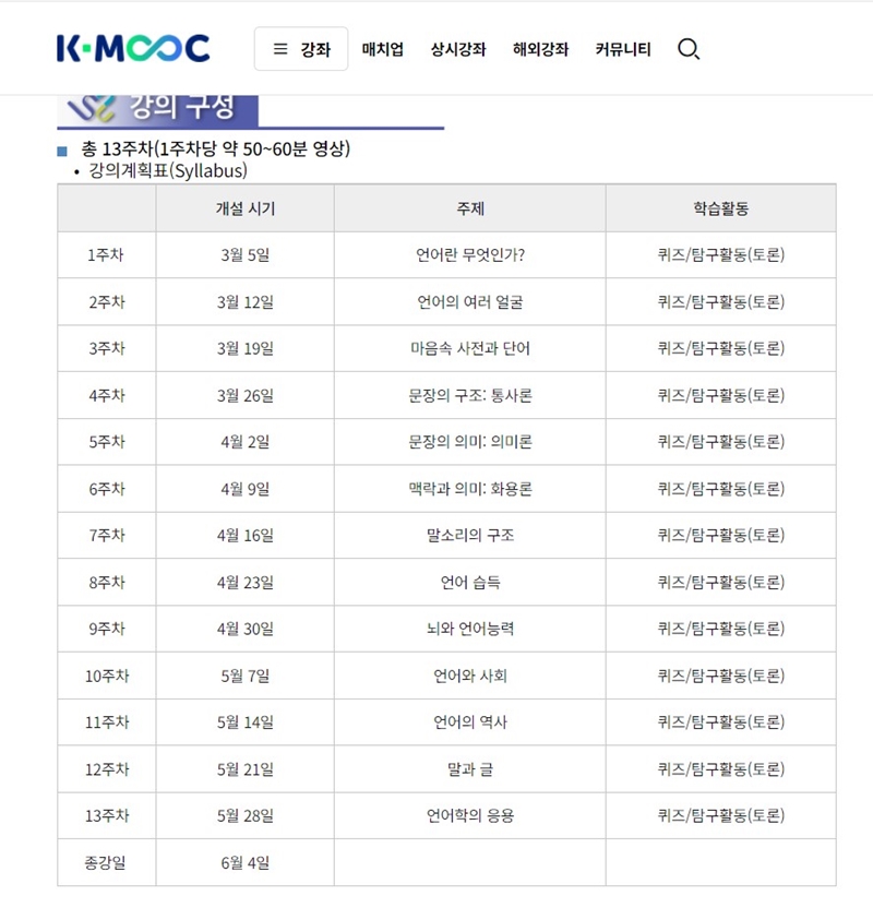 학교에서 대면 수업을 수강신청할 때 참고하듯, 상세한 강의계획서를 확인할 수 있다는 점이 좋았다.