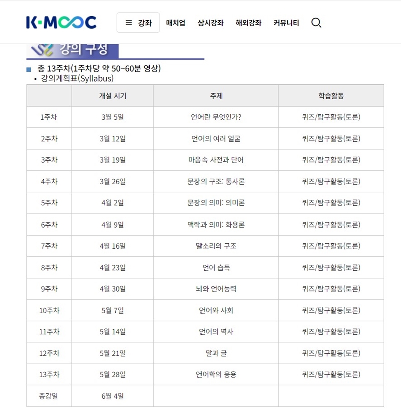 학교에서 대면 수업을 수강신청할 때 참고하듯, 상세한 강의계획서를 확인할 수 있다는 점이 좋았다.