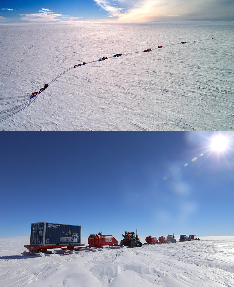 K-루트 탐사 전체 선단의 모습. 한국은 제1차 극지활동 진흥 기본계획에 따라 2032년까지 세계 6번째 남극내륙기지 구축을 추진하고 있는데, 이때 독자적인 육상루트 확보가 필요하다. 이에 K-루트 탐사대는 장보고과학기지부터 남극 내륙연구 거점까지 대한민국만의 독자적인 육상 루트인 K-루트를 개척하는데 성공했다. (사진=극지연구소)