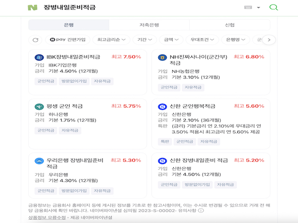 인터넷 검색창에서 장병내일준비적금을 검색하면 확인할 수 있는 화면. 장병내일준비적금의 금리가 5%에서 최대 7.5%인 것을 알 수 있다.