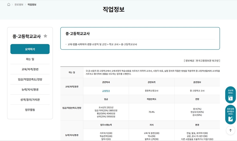 내가 원하는 직업의 상세 정보를 깔끔하게 한 눈에 확인할 수 있다.