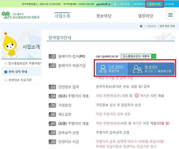 자동차 탄소포인트제 홈페이지 내 신청 절차 안내(캡쳐).