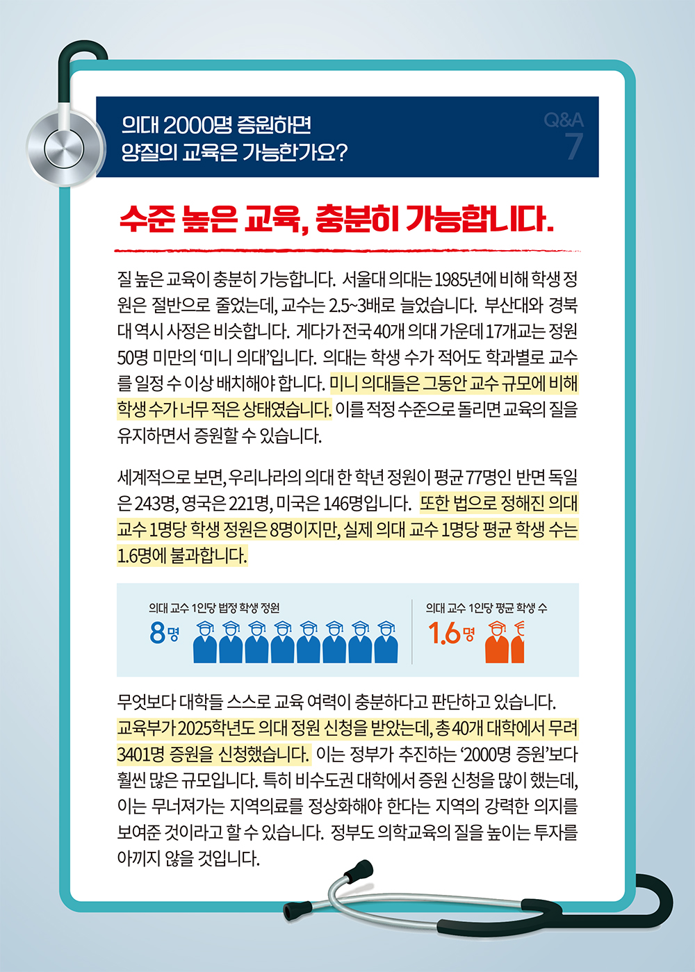 [의료개혁 Q&A] 의대 2000명 증원하면 양질의 교육은 가능한가요? - ⑦ 하단내용 참조