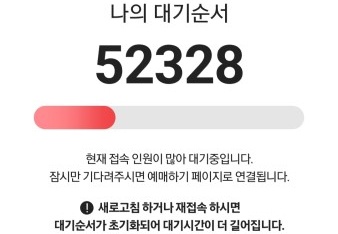 티켓팅 시 접속 인원이 많을 때 뜨는 대기창 화면.