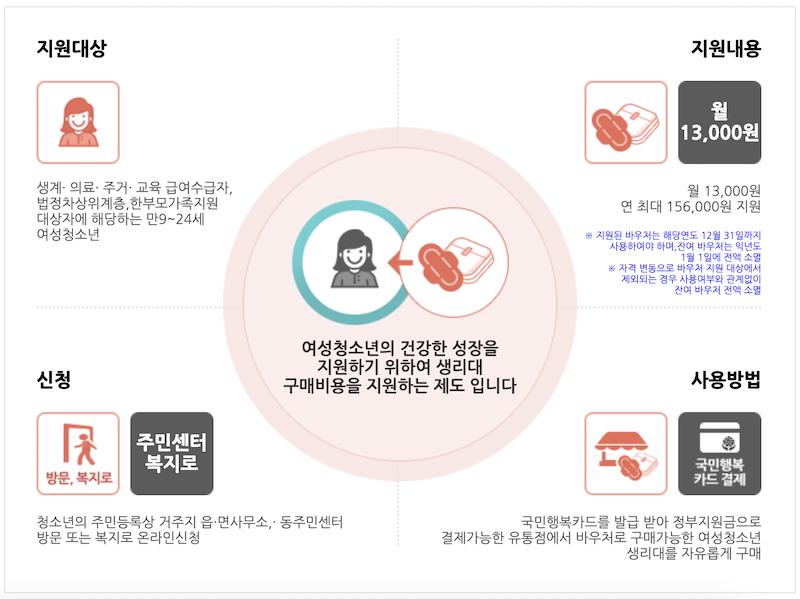 국민행복카드 홈페이지의 ’국가바우처사업‘ 중 여성청소년 생리대 지원 사업을 설명하는 인포그래픽. (출처 = 국민행복카드 홈페이지)