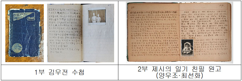 김우전 수첩(왼쪽)과 ‘제시의 일기’ 친필 원고. (사진=국립대한민국임시정부기념관)