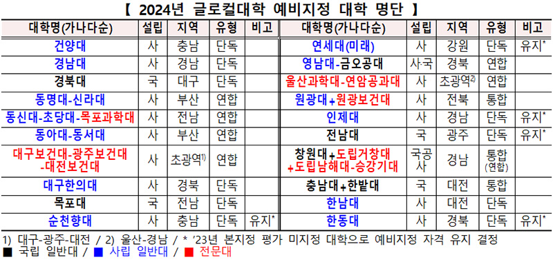 2024년 글로컬대학 예비지정 대학 명단. (표=교육부)