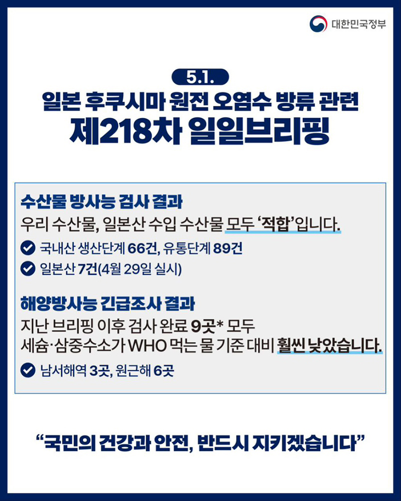 후쿠시마 원전 오염수 방류 관련 일일 브리핑(5.1.) 하단내용 참조