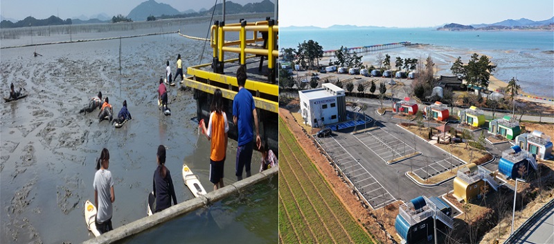 전남 순천 거차마을 뻘배체험(좌)과 전남 함평 돌머리마을 하우스캠핑장(우)