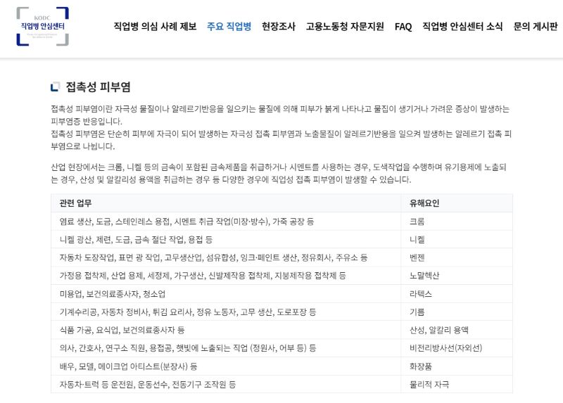 직업병 안심센터 홈페이지에서 다양한 직업병 관련 정보를 확인할 수 있었다(출처=직업병 안심센터 홈페이지)